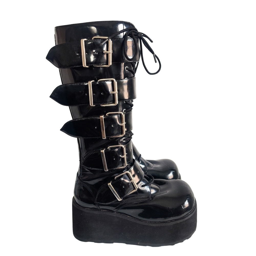 Demonia Boots Womens 8 Trashville 518 Knee High Patent Platform Buckles Goth Emo